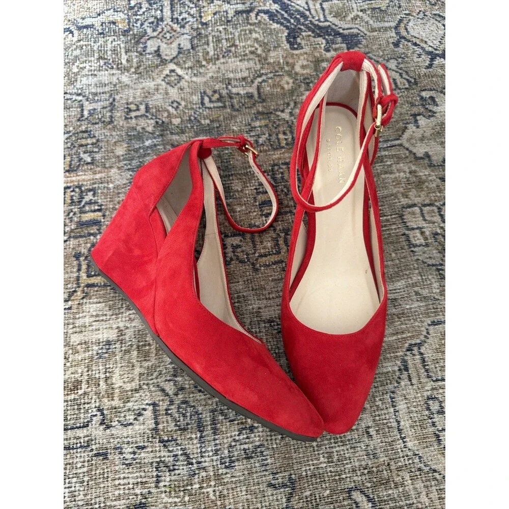 Cole Haan Lacey Cutout Wedge Pump Size 6.5 Cherry Red Suede Upper NWOB